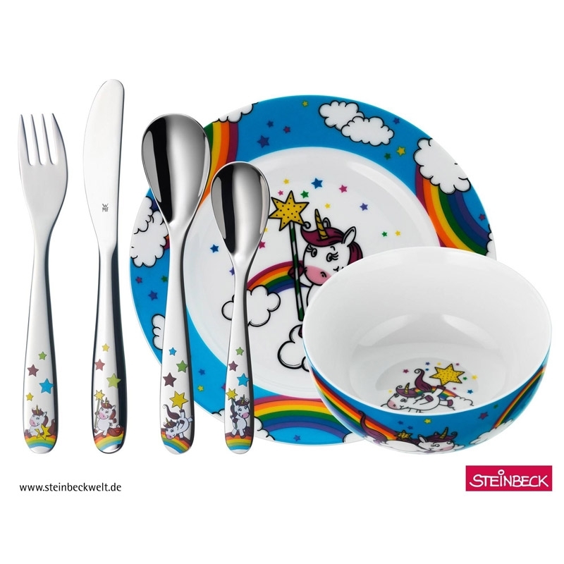 Juego de cubiertos infantiles WMF con vajilla de porcelana, Unicornio, de 6 piezas, 1286059964.