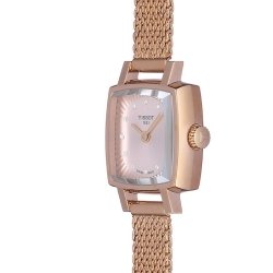 Visión lateral del Tissot Lovely de mujer, en acero chapado en oro rosé, diamantes y malla, T0581093345600.