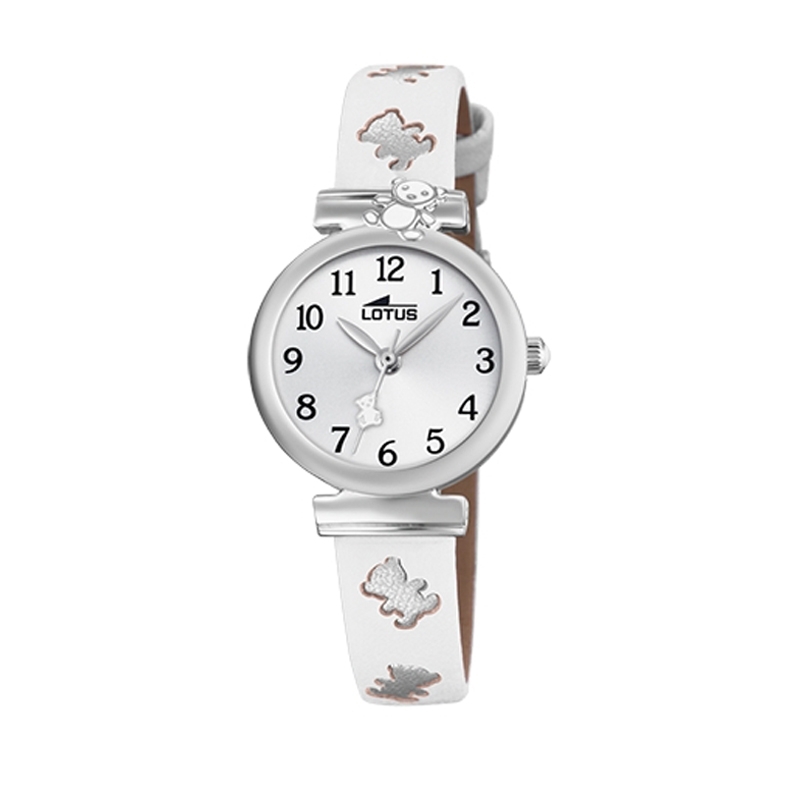 Reloj Lotus Junior de niña con correa blanca y gris y ositos, ref. 18628/1.