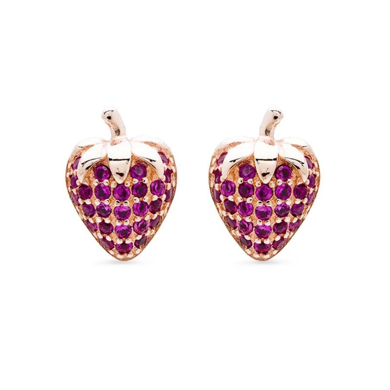 Pendientes en forma de fresas, en plata chapada y circonitas rojas, Seregi de Luxenter