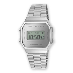 Reloj Casio A168WEM-7EF plateado digital con esfera plata espejada.