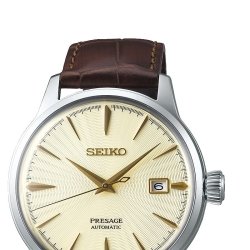 Detalle del Seiko Presage SRPC99J1 automático para hombre con esfera dorada.