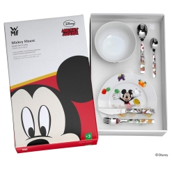 Caja presentación del set de cubiertos en acero Mickey Mouse de Disney© para niño o niña, con vajilla, de 6 piezas WMF.