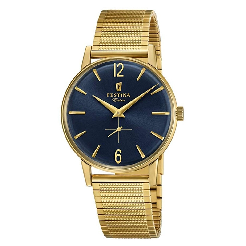Reloj Festina 1948 de hombre dorado con esfera azul y correa extensible, F20251/4.