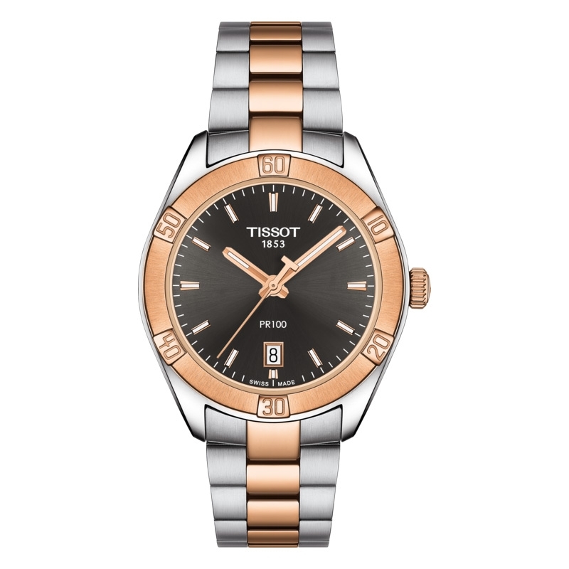 Reloj Tissot PR 100 Sport Chic de mujer bicolor con esfera negra, T1019102206100.