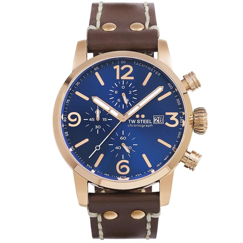 Reloj Tw Steel Maverick con caja rosada, esfera azul, cronógrafo y correa, MS84.
