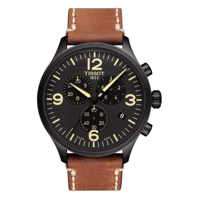 Reloj Tissot de hombre Chrono XL con cronógrafo, caja negra y correa marrón T1166173605700.